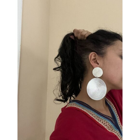 Big Silver earrings disc large metal huge bold statement round circle chunky - Picture 6 of 7